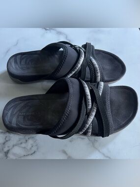 Merrell Black Sandal Slides with Silver Braided Straps